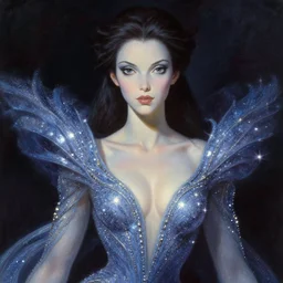 portrait of a stunningly beautiful alien glamour model, wearing an exquisite gown made of stardust, greg manchess painting by sargent and leyendecker, studio ghibli fantasy close - up shot asymmetrical intricate elegant matte painting illustration hearthstone, by greg rutkowski by greg tocchini by james gilleard