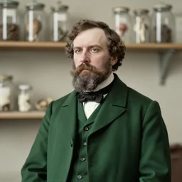 bearded victorian man in green frock coat bust carte de visite, shelf with jars of anatomy specimens