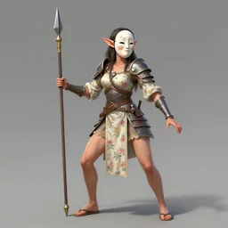 female changeling spearman in floral - patterned light armor, wielding a long halberd, wearing a noh theatre mask, barefoot in sandals, capricious, energetic, provocative, realistic proportions, reasonable fantasy, in the style of dnd illustrations, tabletop rpg.