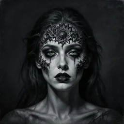 dramatic matte portrait painting of woman with black mandelbrot fractal instead of face, in style of zdzslaw beskinski, horror, body horror, dark art, 4 k, detailed, realistic, psychotic, insane, crazy, mental illness, dramatic,