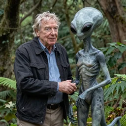 Sir David Attenborough in the woods with a Grey Alien Martian