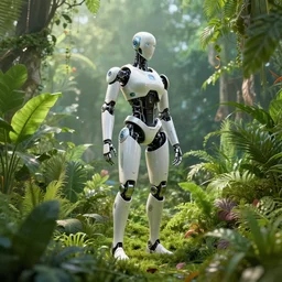 a cyborg standing surrounded by plants, raytracing, ultrarealistic, wide frame, 3 d render, unreal engine, dynamic light, cinematic