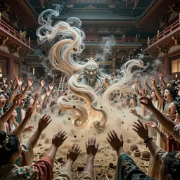 feedback loop , burst of powders ,detailed entangled fibres ,volumetric lighting, twisting vapour, bellowing dust ,flowing shimmering fabrics, emerging hands and an ancient male bearded face , inside a huge traditional Japanese Royal ornate temple , Hundreds of humans , emerging hands and beautiful women’s screaming face , full colour , upscale , 4k