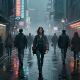 painting. digital art. young woman wearing an [ [ [ [ eva suit ] ] ] ]. walking down busy city street. crowds of people. night. [ [ [ hazy ] ] ]. [ [ [ foggy ] ] ]. [ [ [ [ raining ] ] ] ]. neon lights. cyberpunk. reflections. greg rutkowski. [ [ [ wlop ] ] ]. cinematic