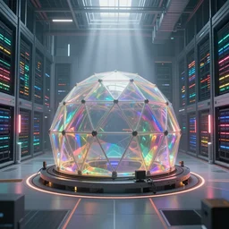 an immaculate volumetric path tracing lighting render of a of beautiful iridescent large geodesic dome device at the center of a vast modern datacenter, fog, god rays, and nixie tubes by Zdzisław Beksiński and beeple, beautiful modern colors, ultradetailed, 4k ultra