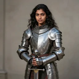 High quality photo of a young Indian woman medieval knight, with long hair, in a suit of armour, holding a sword