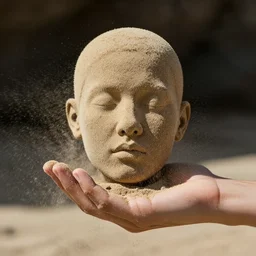 a hand holding a face made of sand vanishing, photorrealistic, 8 k