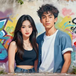 portrait art of motivated boy and girl, young adults, graffiti street art, blue tones, design awards, best street art, pinterest
