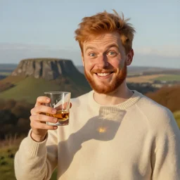 a beautiful painting of a young man with short ginger hair and a beard holding a whisky glass in front of Arthur's Seat with a goofy grin and wide-set eyes wearing a cream coloured jumper, golden hour, realistic, ((by Delphin Enjolras)), trending on artstation
