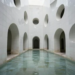 photo of a vast interior space of irregular rooms and corridors, bizarre architecture. ceramic white tiles on all the walls. the floor is flooded with one meter deep water. eerie