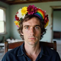 closeup portrait of a man with a crown made of flowers and rainbows, sitting in a chair in an abandoned house, by Annie Leibovitz and Steve McCurry, natural light, detailed face, CANON Eos C300, ƒ1.8, 35mm, 8K, medium-format print