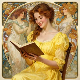 a smiling beautiful woman wearing a yellow dress and reading a book, masterpiece, intricate, elegant, highly detailed, digital painting, artstation, concept art, smooth, sharp focus, illustration, art by artgerm and greg rutkowski and alphonse mucha and uang guangjian and gil elvgren and sachin teng, symmetry!!