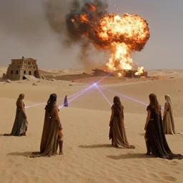the long - shot of laser battle between bene gesserit women and harkonnens in the desert near the abandoned buildings in night arrakis desert, spaceship exploding, film still from the movie by alejandro jodorowsky with cinematogrophy of christopher doyle and art direction by hans giger, anamorphic lens, kodakchrome, 8 k,