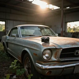 A closeup of a rusty old mustang in an abandoned big workshop, sun lighting from above, taken with a Leica camera, overgrown foliage,  ambient lighting, bokeh, sunset time, highly detailed art