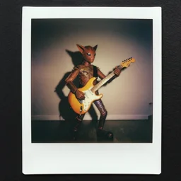 1980s polaroid colour flash photograph of a creature made of electric guitars