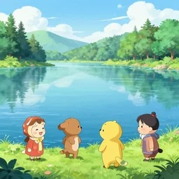 photo cartoon illustration comics manga painting of lakeside : 6 fantasy, digital painting, unreal engine, 8 k, volumetric lighting, contrast