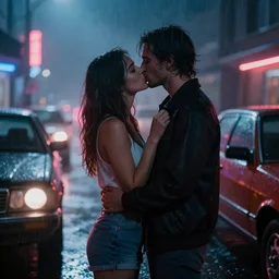 1980s, neon, couple kissing, artificial light, rain, fog, highly detailed, digital art, cars parked