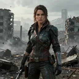 fallout 5, charismatic beautiful rugged brunette female protagonist, portrait, outdoors ruined cityscape, atmospheric lighting, painted, intricate, volumetric lighting, beautiful, winter, foggy, daytime, slight overcast weather, sharp focus, deep colours, ultra detailed, by leesha hannigan, ross tran, thierry doizon, kai carpenter, ignacio fernandez rios