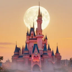 happy disney castle rising up from the mist in the morning silhouetted by a single huge moon, anders zorn, thomas kincade, trending on artstation, lava, dungeons and dragons, saturated colors, fun, happy, golden hour