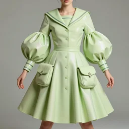 designer figure collection ball shaped accordion sleeve haute couture, sailor uniform, midi skirt, coat pleats, synthetic curves striking pose, dynamic folds, cute huge pockets hardware, volume flutter, youthful, modeled by modern designer bust, body fit, award fashion, pistachio gradient scheme, light holographic tones, expert composition, high detail, professional retouch, editorial photography