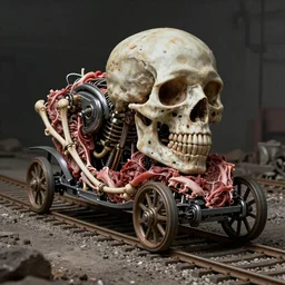 boxcar made of human meat and bone, biomechanical railroad, highly detailed, War Photography, Pushead art, by H.R. Giger