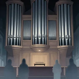 illustration of close - up street view of pipe organ, night, ghosstly figures by peter mohrbacher, by alex andreev, by jacek yerka, large depth of field, super detailed, digital art, trending on artstation, minimalism