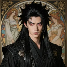mazoku warrior, handsome japanese demon boy, young adult mazoku man with long wild spiky black hair, vantablack clothes, red eyes, ultra realistic, intricate details, highly detailed, subsurface scattering, photorealistic, octane render, 8 k, art by artgerm, greg rutkowski, charlie bowater, magali villeneuve, alphonse mucha