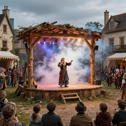 a dungeons & dragons town square in a festival day. a bard sings a magical song and destroys the wooden stage with a shock wave and an ilusion generated smoke
