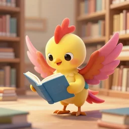 a cute adorable phoenix fledgling learning to read in a library #Digital-Art