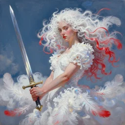 a painting of a woman who made of curly white and transparent feathers cloud with red edges is holding a sword, a digital painting by charlie bowater, trending on artstation, metaphysical painting, speedpainting, made of feathers, digital painting, holographic undertones, highly saturated colors, 4 k, digital art, concept art, trending on artstation