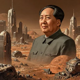 a hyper realistic digital art of mao zedong in cyberbunk city on mars by jesper ejsing, intricate linework, cinematografic, highly detailed, hyperrealism, digital art, artstation, concept art, unreal engine 6, detailed and intricate environment, an expansive view of
