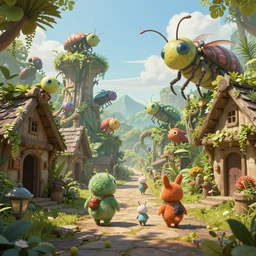 an concept art illustration, photorealistic mystical cute creatures, fantasy street with huts and large insect and plant biomes, ultra realistic, style by wlop, trending in artstation, cgsociety, octane render, ultra sharp, concept illustration, digital painting, 8 k