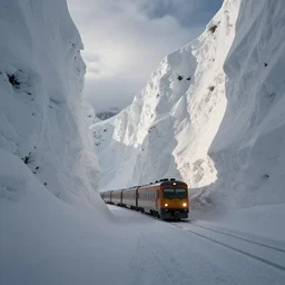 train, driving through a deep snow corridor with towering snow walls