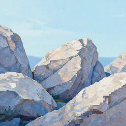 beautiful rocky abstract scene!! pixel sorting, complementary colors, serenity, well balanced composition, delicate and precise brushwork, lines, intricate, highly detailed, wide angle, sharp focus, dramatic lighting, scattering, 8 k, depth of field.