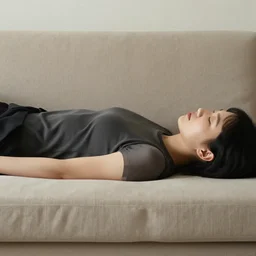 person lying horizontal on a sofa, photorealistic, 8k