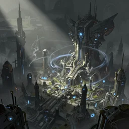 a protoss cityscape with advanced technology, inspired by the game starcraft, making heavy use of light and shadow to create a sense of mystery and foreboding. the city sprawling below is a mix of organic and inorganic, with swirling energy currents and strange crystalline structures, illustrated in a realistic and detailed style by wei wang, artstation