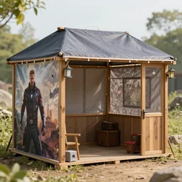 sukkah themed to Marvel movies, temporary shelter, architectural detail, DSLR photography
