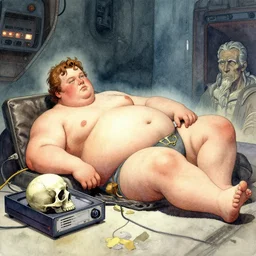 watercolor reclining obese with cranial vhs player replacement bernie wrightson & albrecht durer, for ec comics 2 0 0 0 fine art masterpiece baked at 3 0 0 f, matte painting, backlit dystopian lighting, photorealistic render, cinematic,
