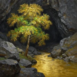 A beautiful, highly detailed, very realistic oil painting of a single tree with lots of golden and bright glowing green leaves, next to a small river made of pure gold in the middle of a huge, very dark cave, with lots of dark grey rocks, oil painting by Greg Rutkowski.