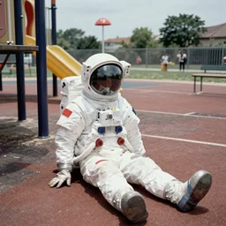 1 9 9 0 color photo portrait of an astronaut suits discarded in the playground, summer, daylight, long - shot, cinematic tone,