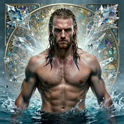 portrait of a cyberpunk viking man, drenched body, wet dripping hair, emerging from the water, fantasy, regal, fractal crystal, fractal gems, by stanley artgerm lau, greg rutkowski, thomas kindkade, alphonse mucha, loish, norman rockwell.