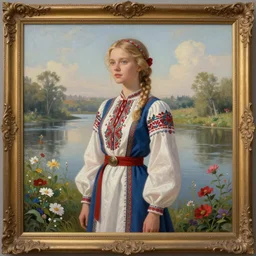 a professional painting of an russian young blonde girl intricate, wearing russian folk clothes,  in the morning light, at the beautiful river, surrounded by flowers, elegant, digital painting, concept art, smooth, sharp focus, finely detailed illustration, beautifully framed, from Metal Gear, in the style of Artgerm and Greg Rutkowski and William-Adolphe Bouguerea