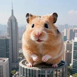 a gigantic hamster, looking down at skyscrapers below