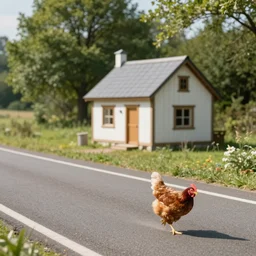A cottage with chicken legs running down a highway