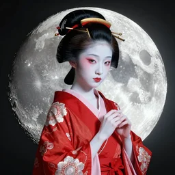 albino young maiko on the moon, fluent composition, red white and black, concept art, ambient light, 4 k, intricate details, highly professionally detailed, cgsociety, highly detailed -