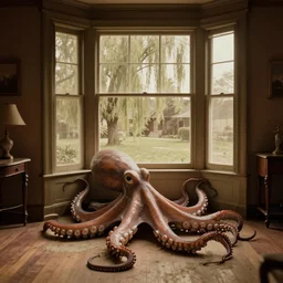 a giant oversized octopus body on the floor inside of a warmly - lit victorian - era home, looking out the window into a large front yard populated with willow trees, faded daguerreotype, 1 9 1 0 s photography