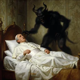 the pope is in his bed, nervous and terrified, because a double horned shadow demon from hell lurks in the wallpaper of the bedroom. highly detailed painting by gaston bussiere, j. c. leyendecker, greg rutkowski, craig mullins 8 k