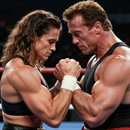 Muscular female arm wrestling Arnold Schwarzenegger, real life, hyperrealistic, ultra realistic, realistic, highly detailed, epic, HD quality, 8k resolution