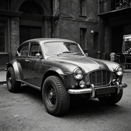 a stunning bolshevikcybersovietsteampunk car, award - winning documentary photograph, cinestill 8 0 0 t 3 5 mm b & w, heavy grain, high quality, noir, natural textures, photorealistic, ambient occlusion, hd, ultra wide lens, anamorphic