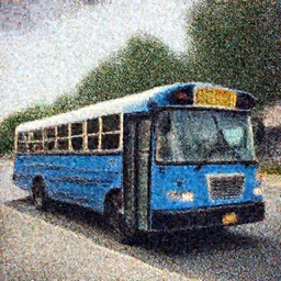 A long shot photograph of a blue school bus, shot on iPhone 6, 2016